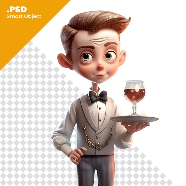 PSD rendu 3d d'un jeune serveur avec un verre de modèle psd de vin rouge