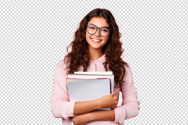 Retrato de uma bela jovem com livros isolados em um fundo transparente