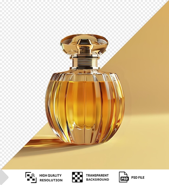 retrato glamour garrafa de perfume em uma mesa contra uma parede amarela lançando uma sombra escura png psd