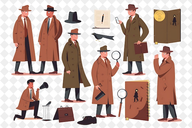 PSD retro detective con personaggi che indagano su indizi e inte png persone nell'illustrazione del lavoro quotidiano