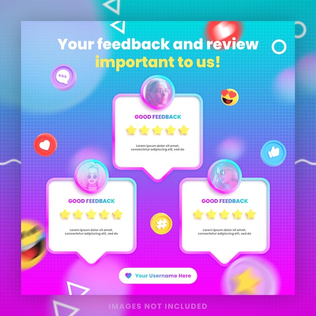 PSD revisão de feedback de cliente 3d ou modelo de postagem de instagram de depoimento em mídia social com maquete