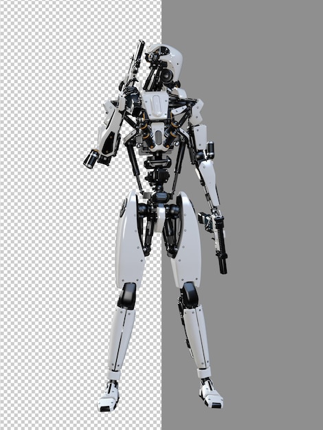 PSD robot cyberpunk che tiene pistola isolato rendering 3d