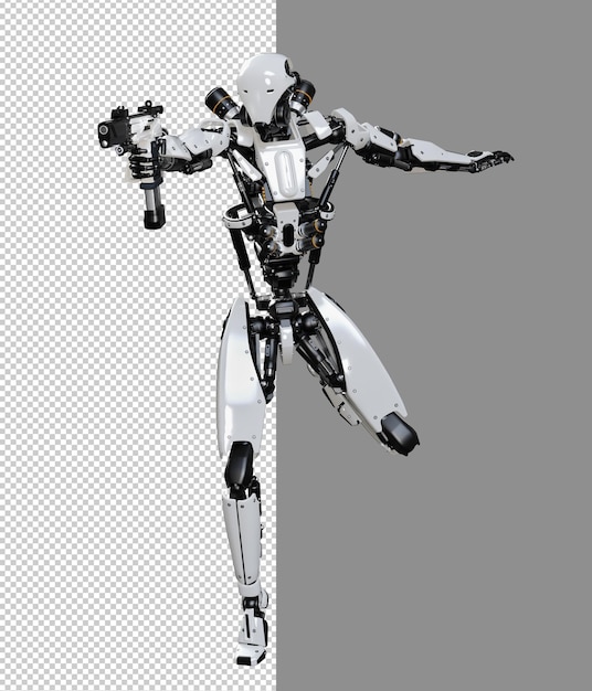 PSD robot cyberpunk che tiene pistola isolato rendering 3d