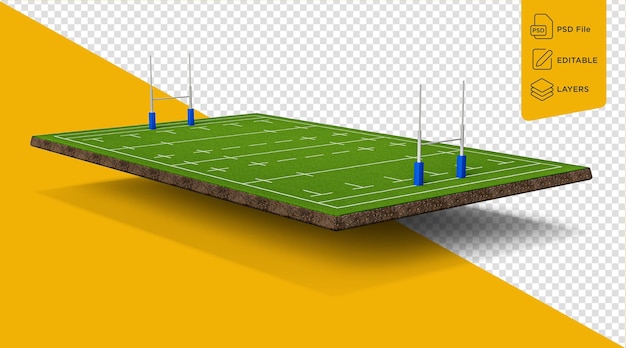 Rugby-Stadion oder American-Football-Feld Bodenquerschnitt mit grüner Rasenfläche 3D-Darstellung