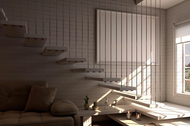 Un salon avec un escalier blanc et un panneau blanc qui dit "la maison est sur le mur"