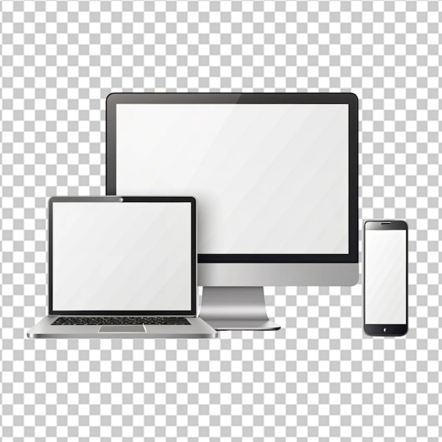 PSD satz von realistischen monitoren, laptops, tablets, smartphones, satz von geräten mit leeren bildschirmen, elektronischen gadgets, laptop, tablet, computer, monitor und mobiltelefon auf transparentem bildschirm
