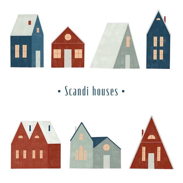 PSD scandi clip art ensemble de maisons pour les modèles d'affiches de cartes de voeux textiles