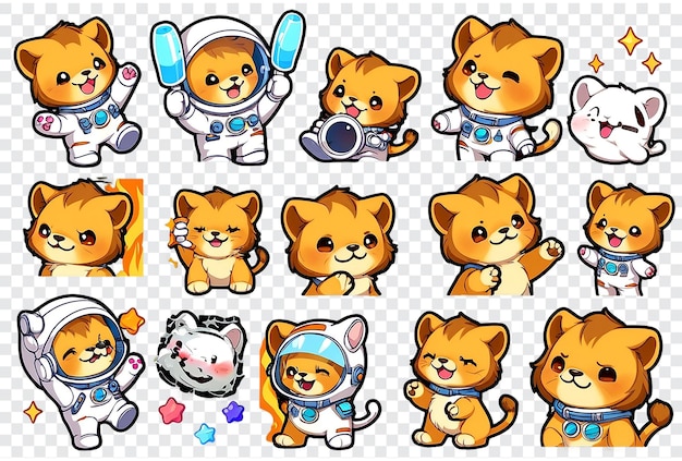 PSD une série de chats de dessins animés en combinaison spatiale