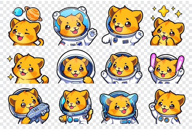 PSD une série de chats de dessins animés en combinaison spatiale