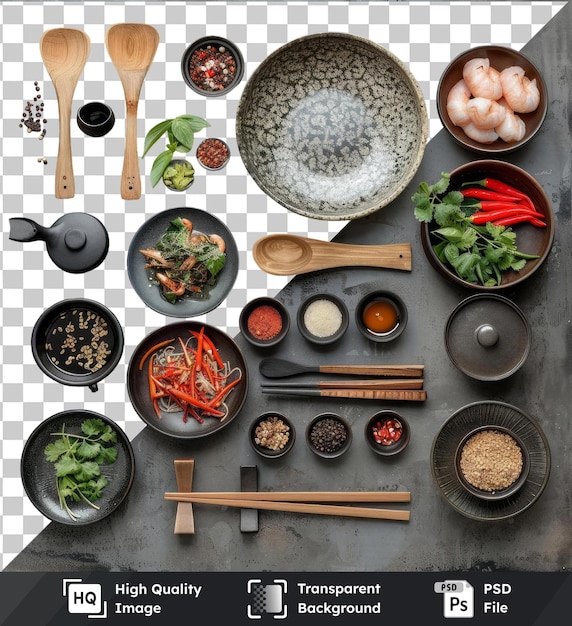 PSD set de cuisine vietnamienne gourmet transparent avec une variété de bols et d'ustensiles, y compris une cuillère en bois noir et brun.