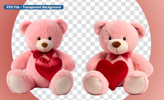 PSD set de brinquedos de animais de pelúcia com um urso rosa segurando um coração