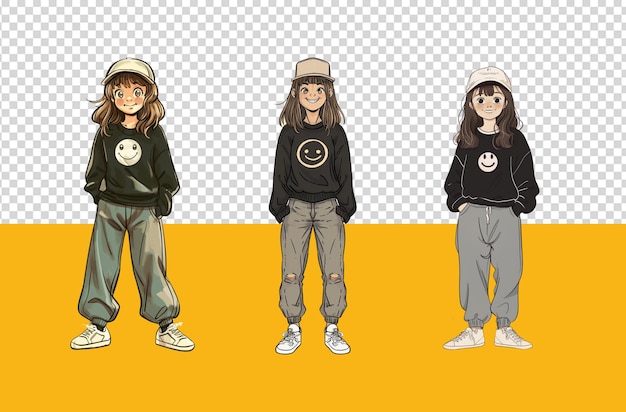 PSD set d'illustrations 3d d'une fille de dessin animé isolée sur un fond transparent