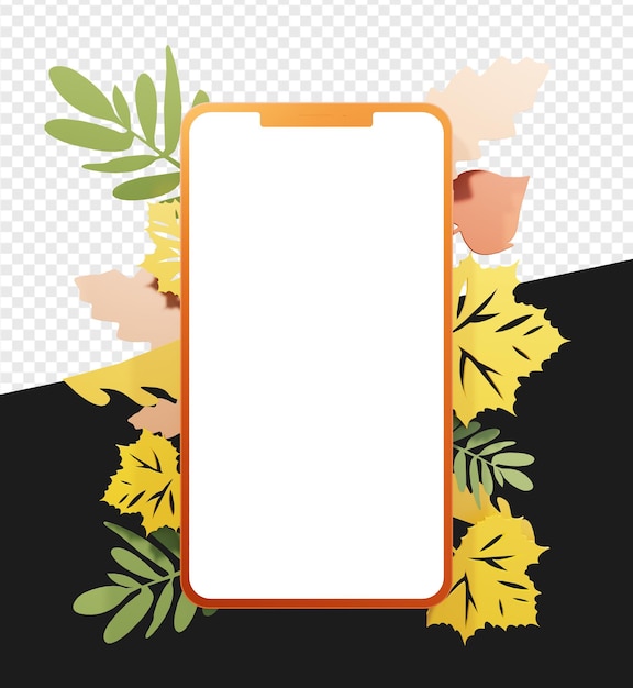 PSD silhouette de smartphone 3d avec illustration de feuille ou de fleur pour les saisons d'automne isolées