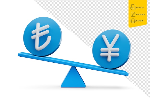 PSD símbolo branco de lira e iene em ícones azuis arredondados com balanço de peso balança 3d ilustração