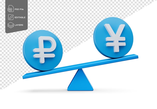 PSD símbolo branco de rublo e iene em ícones azuis arredondados com balanço de peso balanço 3d ilustração