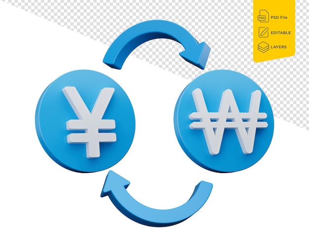 PSD símbolo de iene branco e ganho em ícones azuis arredondados com setas de troca de dinheiro ilustração 3d