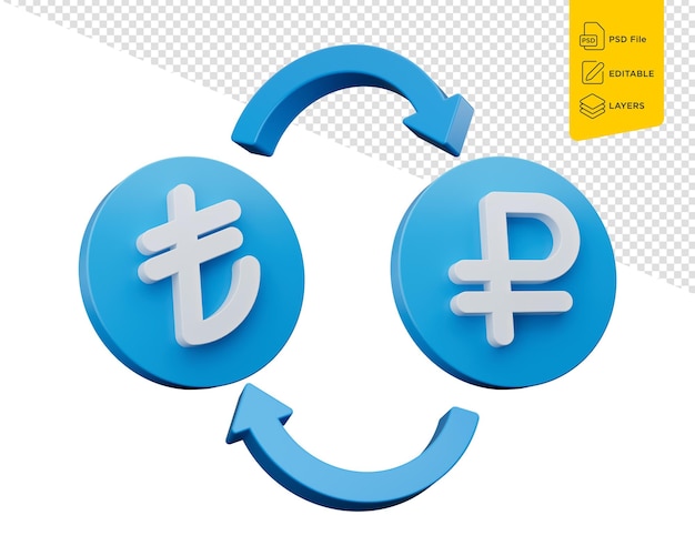PSD símbolo de lira branca e rublo em ícones azuis arredondados com setas de troca de dinheiro ilustração 3d