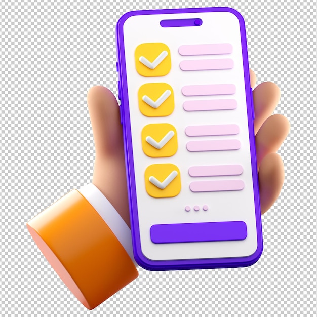 PSD smartphone 3d com lista de verificação na tela. lista de tarefas ou tarefas, formulário de votação, conceito de pesquisa online