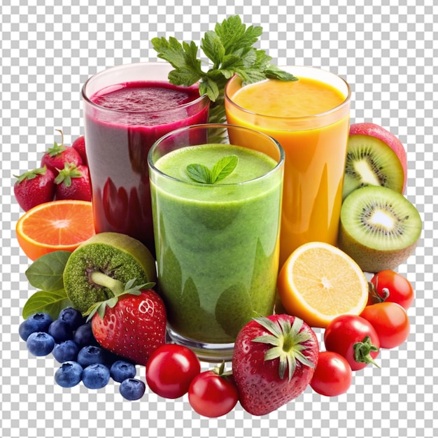 smoothie de sumo de frutas e vegetais recém-prensado em fundo transparente