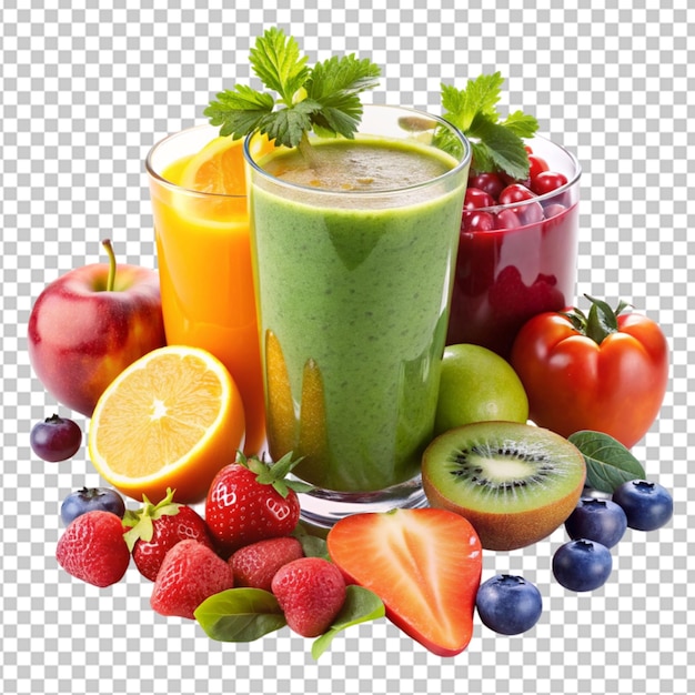 smoothie de sumo de frutas e vegetais recém-prensado em fundo transparente