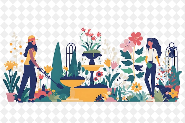 PSD spectacle de fleurs de printemps avec des jardiniers présentant leurs fleurs de png festival illustrations d'art plat 2d