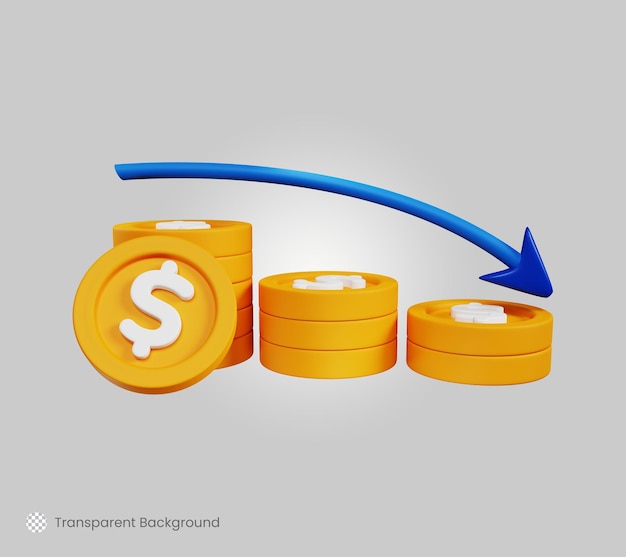 PSD stapel von goldmünzen mit abwärtspfeil-konzept 3d-illustration für finanzielle verluste oder wirtschaftskrisen