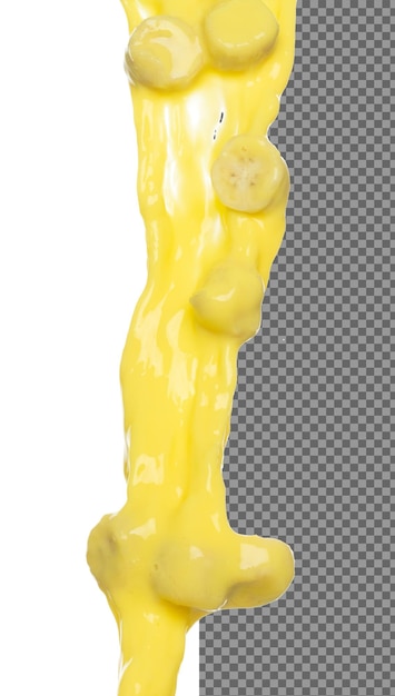 PSD suco de banana voando caindo banana amarela cortada fatia de suco onda explodir cor de pintura amarela salpico jogando no ar fundo branco isolado obturador de alta velocidade jogando congelar parar movimento