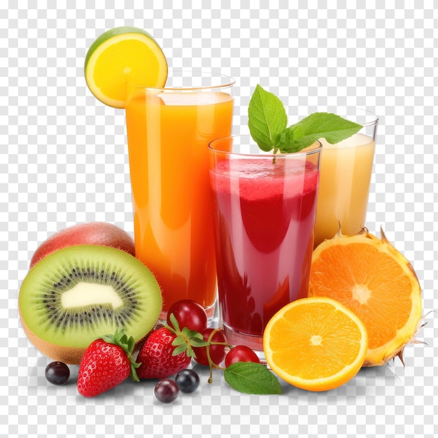 Sucos e frutas frescos em PSD de fundo transparente