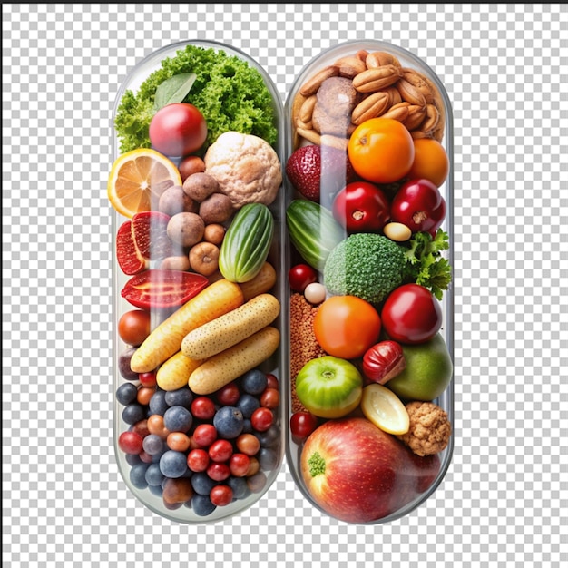 PSD suplemento alimentar natural conceito como uma pílula ou cápsula de remédio com frutas e vegetais frescos dentro em um garfo como um símbolo de nutrição e vitamina dietética para uma boa saúde alimentar com uma renderização 3d