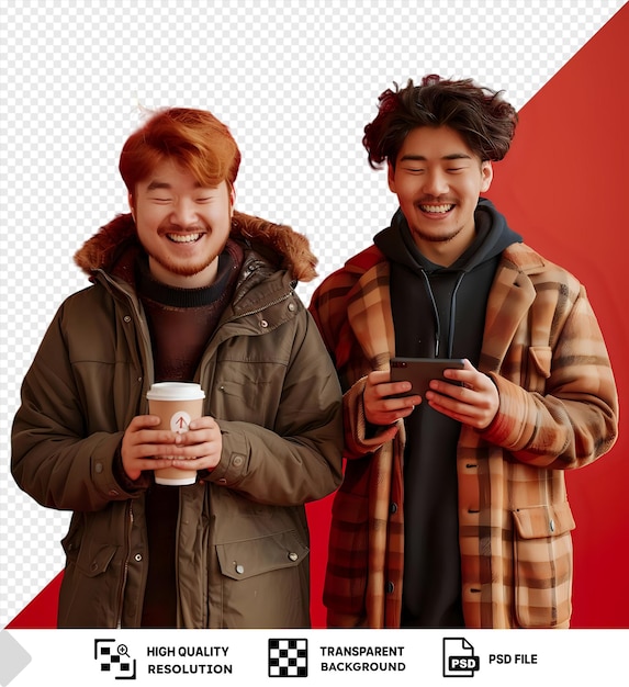 PSD surpreendente sorridente ginger homem com um copo de papel descartável e seu amigo de cabelos escuros com um smartphone png