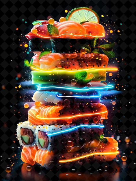 PSD sushi neon vibrant empilhado e arranjado em rolos de sushi na coleção s neon color food drink y2k