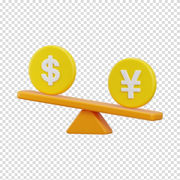 PSD le symbole du yen et du dollar sur l'échelle de bilan, la comparaison des devises et le rendu 3d de l'icône financière