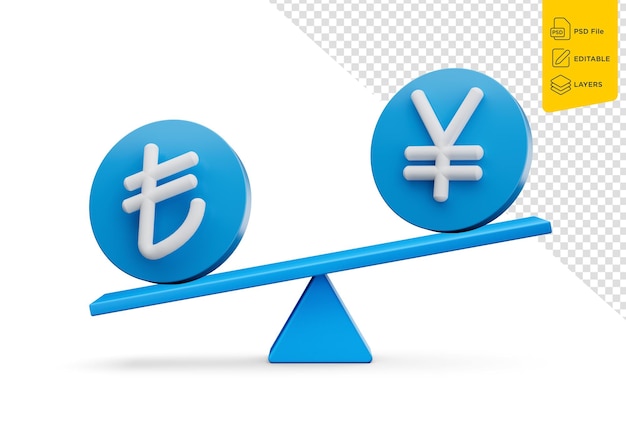 PSD symbole de lira et de yen blancs 3d sur des icônes bleues arrondies avec une balançoire 3d et une balancée 3d.