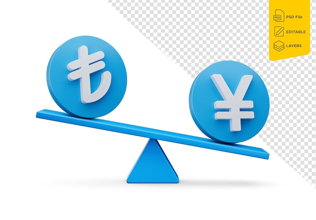 PSD symbole de lira et de yen blancs 3d sur des icônes bleues arrondies avec une balançoire 3d et une balancée 3d.