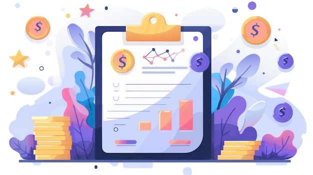 PSD tableau avec des graphiques de rapports financiers et des pièces en dollars