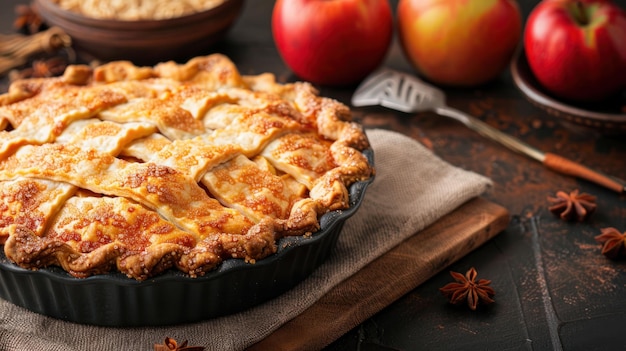 PSD une tarte avec une croûte de treillis et des pommes sur le dessus la tarte est sur une table en bois la tarteest prête à être servie