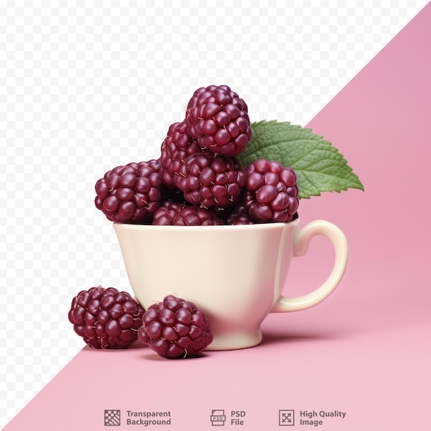 PSD une tasse de mûres sur fond rose avec une photo de framboise.