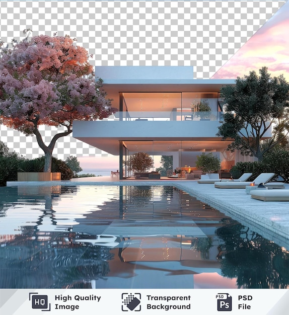 PSD transparentes psd-bild eines modernen hauses zwischen bäumen mit weißem stuhl und klarem blauen himmel