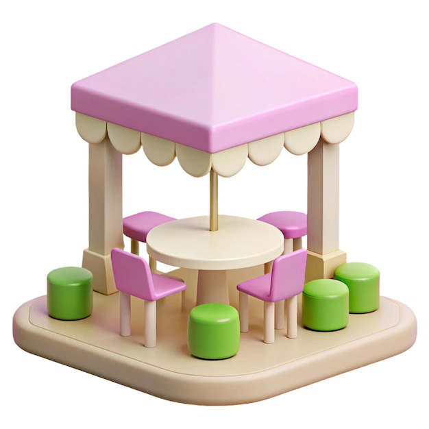 um conjunto de brinquedos de um carrossel de brinquedo com uma mesa e cadeiras cor-de-rosa e verde