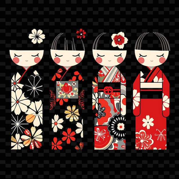 um conjunto de raparigas japonesas com flores e uma rapariga de vestido vermelho