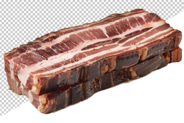 um corte de um pedaço de bacon é mostrado em um fundo transparente