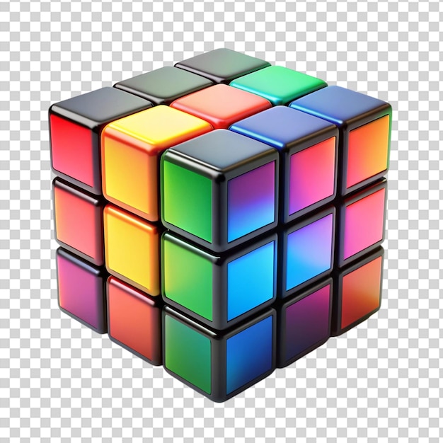 PSD um cubo de rubiks colorido com um quadrado verde, laranja, azul e vermelho na frente em fundo transparente