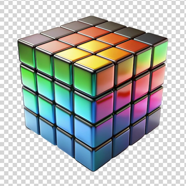 PSD um cubo de rubiks colorido com um quadrado verde, laranja, azul e vermelho na frente em fundo transparente