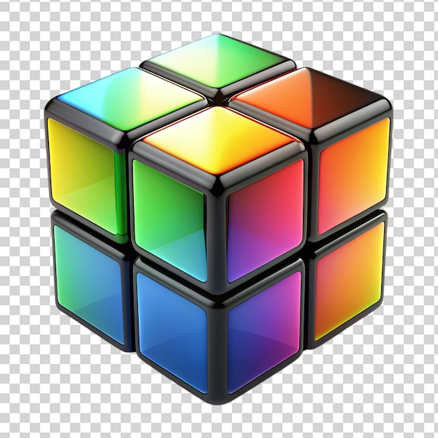 PSD um cubo de rubiks colorido com um quadrado verde, laranja, azul e vermelho na frente em fundo transparente