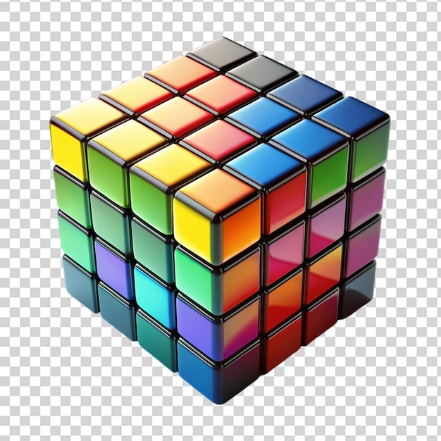 PSD um cubo de rubiks colorido com um quadrado verde, laranja, azul e vermelho na frente em fundo transparente