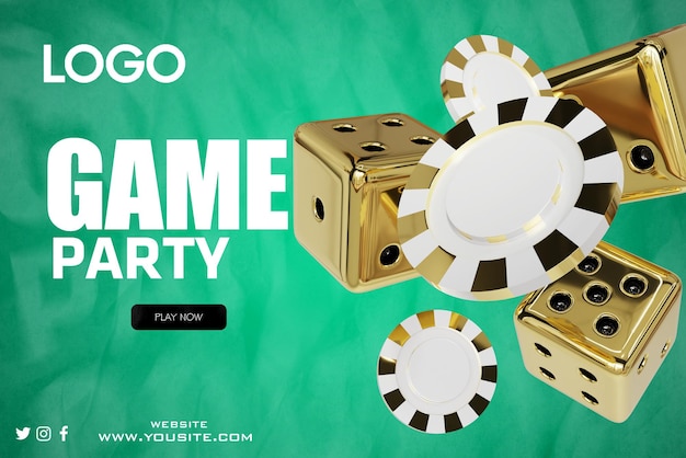 PSD um fundo verde com uma imagem de fichas de ouro e as palavras "play game party" nele.