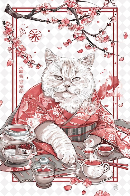 PSD um gato em um kimono com uma xícara de chá e um fundo vermelho com letras chinesas