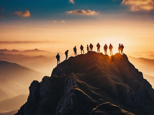 PSD um grupo de pessoas de pé no topo de uma montanha com o sol a pôr-se atrás deles