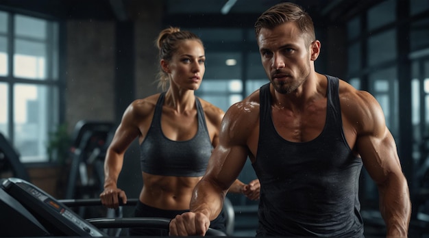 PSD um homem e uma mulher estão treinando intensamente em uma esteira papel de parede de fitness cartaz do dia da saúde