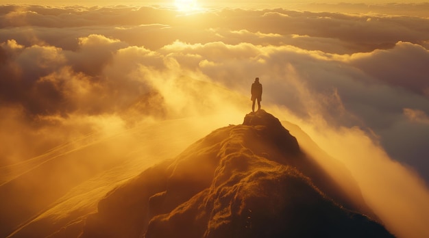 PSD um homem está no topo de uma montanha com o sol atrás dele